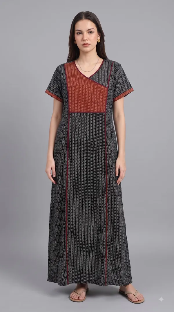 Evolove_Cotton_Maxi_Nighty_For_Women_With_Side_Pocket_|_Contrast_Yoke_Patch_Print_|_V-Neck_Printed_Short_Sleeves_Full_Length_Night_Wear_Gown_Dark_Navy__(Angrakha_Style)