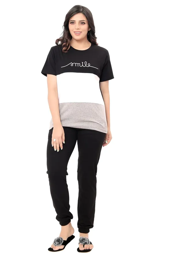 Charcoal_Black_Round_Neck_Short_Sleeves_Night_Suit_Set_|_Top_&_Pyjama_Set