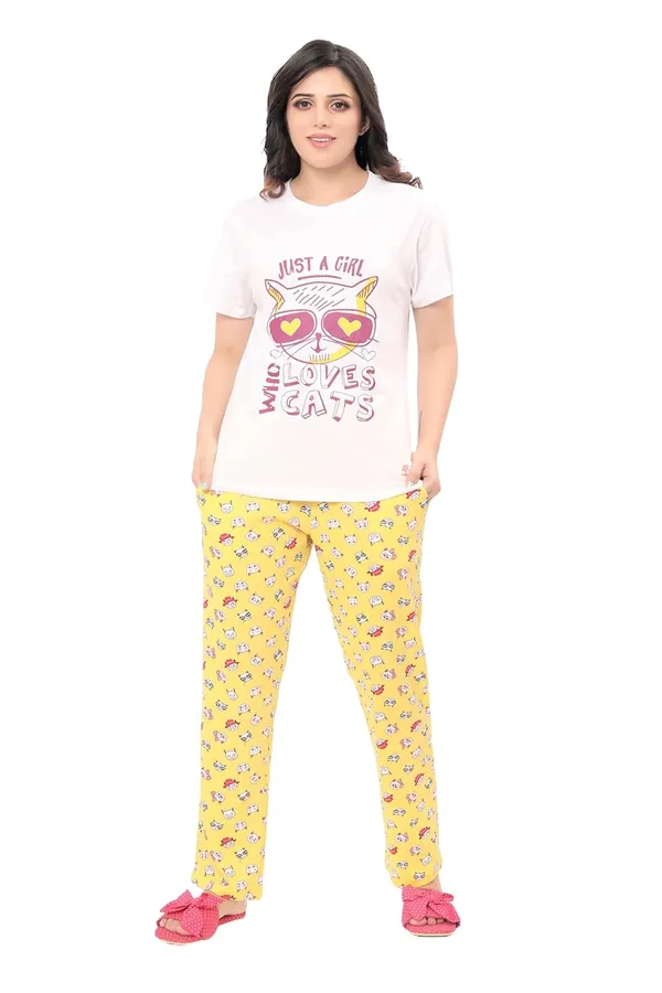 Yellow_Round_Neck_Short_Sleeves_Night_Suit_Set_|_Top_&_Pyjama_Set
