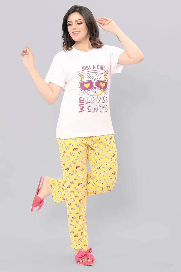 Yellow_Round_Neck_Short_Sleeves_Night_Suit_Set_|_Top_&_Pyjama_Set
