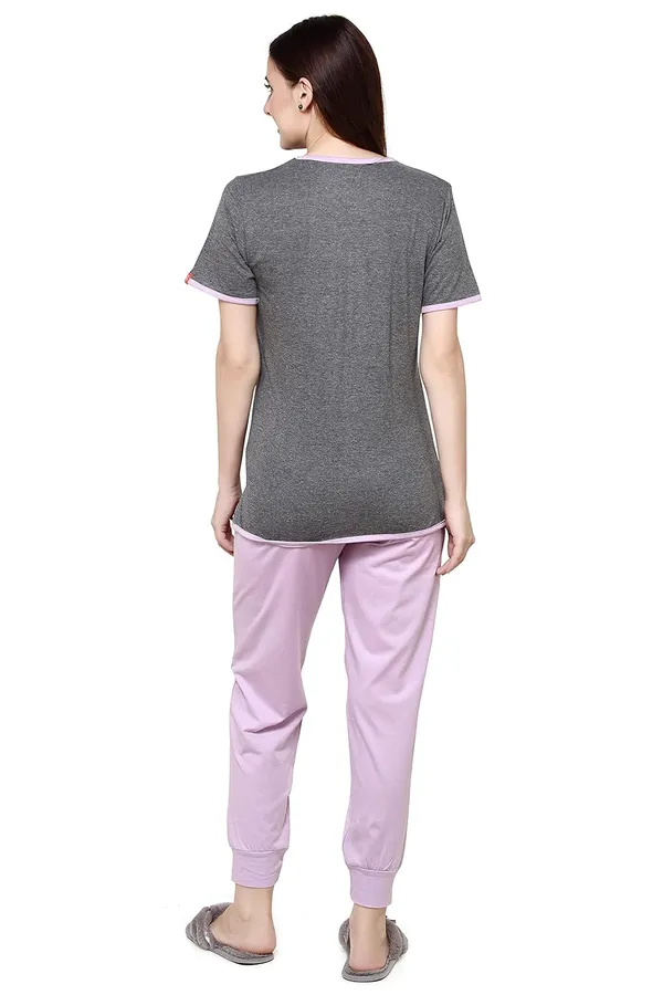 Light_Purple_Cotton_Rayon_Round_Neck_Short_Sleeves_Night_Suit_Set_|_Top_&_Pyjama_Set