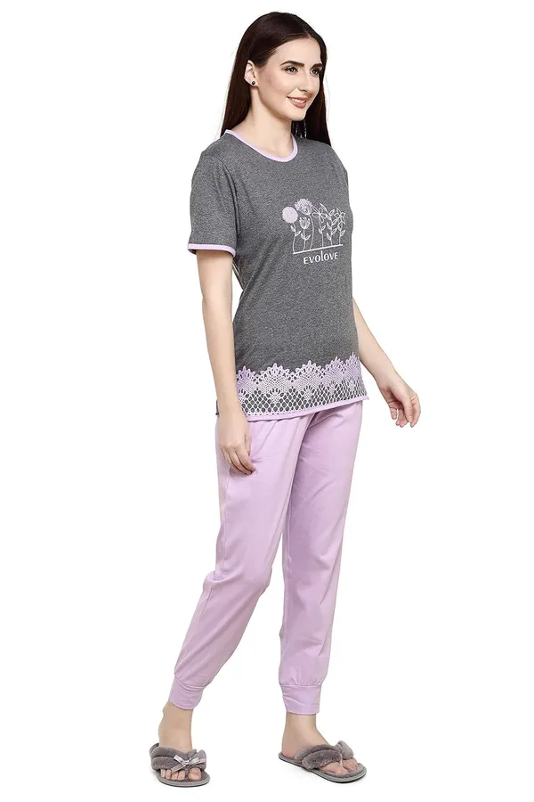 Light_Purple_Cotton_Rayon_Round_Neck_Short_Sleeves_Night_Suit_Set_|_Top_&_Pyjama_Set