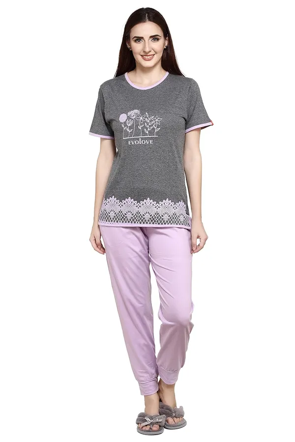 Light_Purple_Cotton_Rayon_Round_Neck_Short_Sleeves_Night_Suit_Set_|_Top_&_Pyjama_Set
