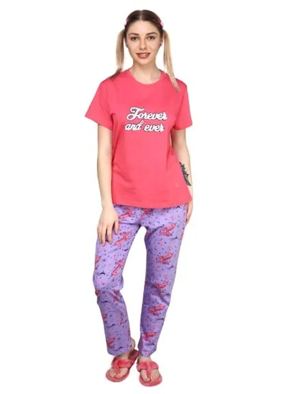Fuchsia_Cotton_Rayon_Round_Neck_Short_Sleeves_Night_Suit_Set_|_Top_&_Pyjama_Set