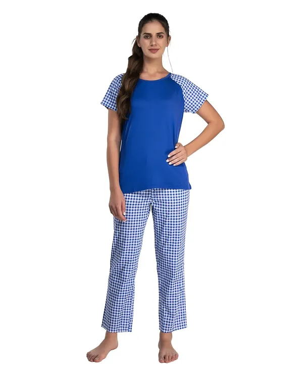 Dark_Blue_Cotton_Rayon_Round_Neck_Short_Sleeves_Night_Suit_Set_|_Top_&_Pyjama_Set