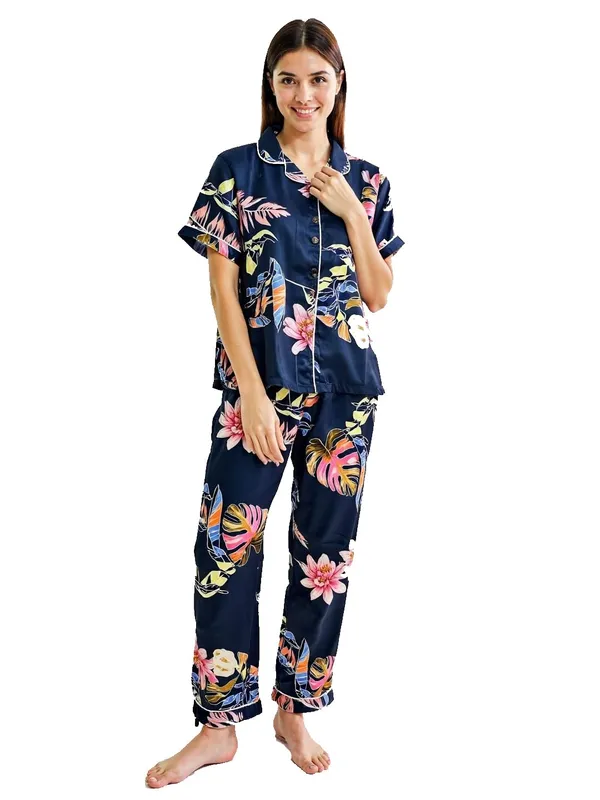 Evolove_Women'S_Satin_Pajama_&_Shirt_Set_|_Soft,_Breathable_Nightwear_With_Button-Down_Shirt_And_Comfy_Fit_Navy_X-Large