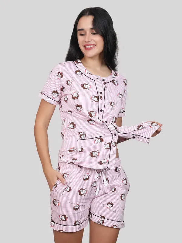 Evolove_Women's_Cotton_Short_&_Shirt_Set_|_Soft,_Breathable_Nightwear_with_Button-Down_Shirt_and_Comfy_Fit