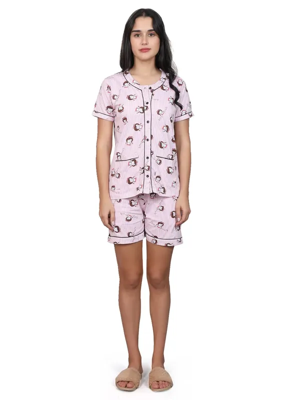 Evolove_Women's_Cotton_Short_&_Shirt_Set_|_Soft,_Breathable_Nightwear_with_Button-Down_Shirt_and_Comfy_Fit