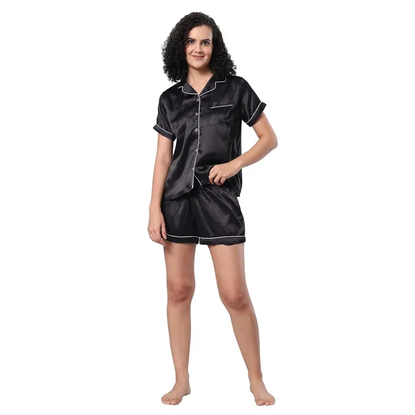 Evolove_Women's_Satin_Short_&_Shirt_Set_|_Soft,_Breathable_Nightwear_with_Button-Down_Shirt_and_Comfy_Fit