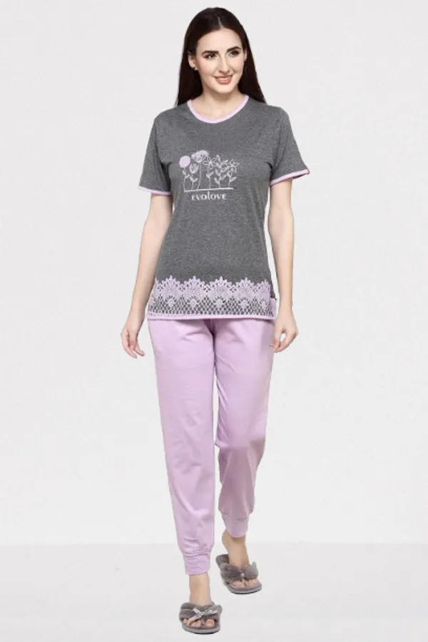 Light_Purple_Cotton_Rayon_Round_Neck_Short_Sleeves_Night_Suit_Set_|_Top_&_Pyjama_Set