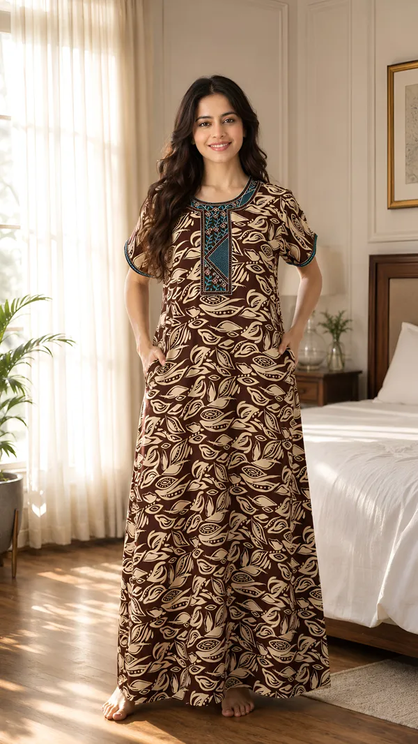 Evolove_Rayon_Embroidery_Nighty_Maxi_For_Women_With_Side_Pocket_|_Printed_Short_Sleeves_Full_Length_Soft_Night_Wear_Gown_Maroon_X-Large