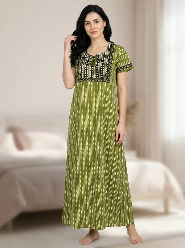 Evolove_Women's_Pepper_Green_Cotton_Printed_Nighty_|_Soft_Breathable_Full_Length_Night_Gown_with_Contrast_Bib_Yoke_&_Tassel_|_Daily_Wear_Loungewear