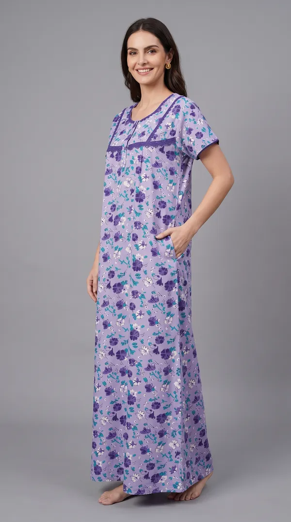 Evolove_Cotton_Maxi_Nighty_For_Women_With_Side_Pocket_|_Floral_Print_Round_Neck_Short_Sleeves_Full_Length_Night_Wear_Gown_Light_Purple