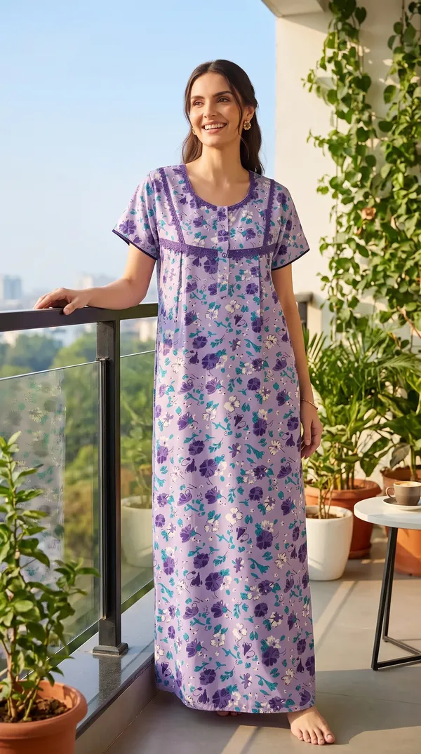 Evolove_Cotton_Maxi_Nighty_For_Women_With_Side_Pocket_|_Floral_Print_Round_Neck_Short_Sleeves_Full_Length_Night_Wear_Gown_Light_Purple