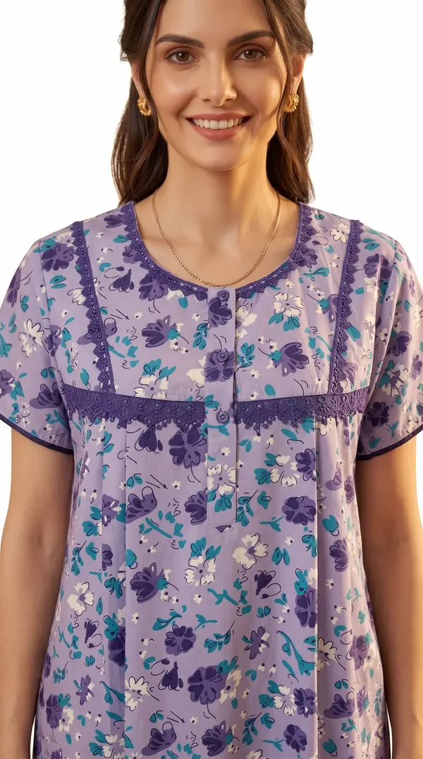 Evolove_Cotton_Maxi_Nighty_For_Women_With_Side_Pocket_|_Floral_Print_Round_Neck_Short_Sleeves_Full_Length_Night_Wear_Gown_Light_Purple