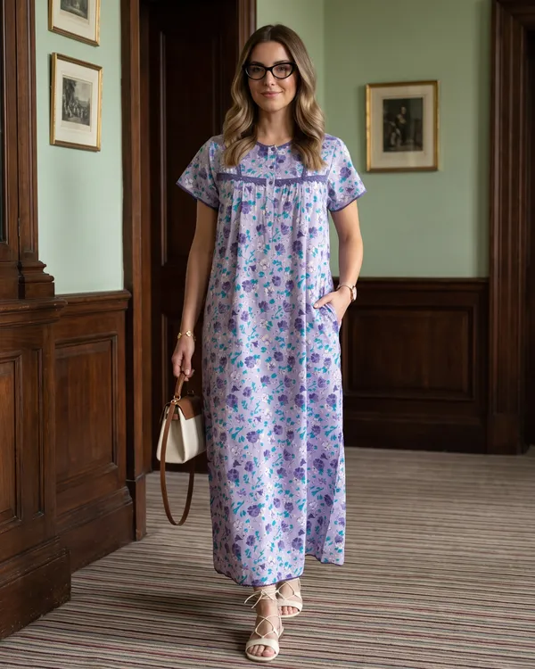 Evolove_Cotton_Maxi_Nighty_For_Women_With_Side_Pocket_|_Floral_Print_Round_Neck_Short_Sleeves_Full_Length_Night_Wear_Gown_Light_Purple