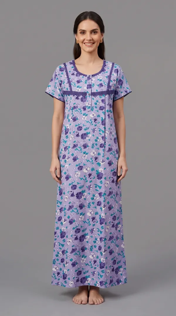 Evolove_Cotton_Maxi_Nighty_For_Women_With_Side_Pocket_|_Floral_Print_Round_Neck_Short_Sleeves_Full_Length_Night_Wear_Gown_Light_Purple