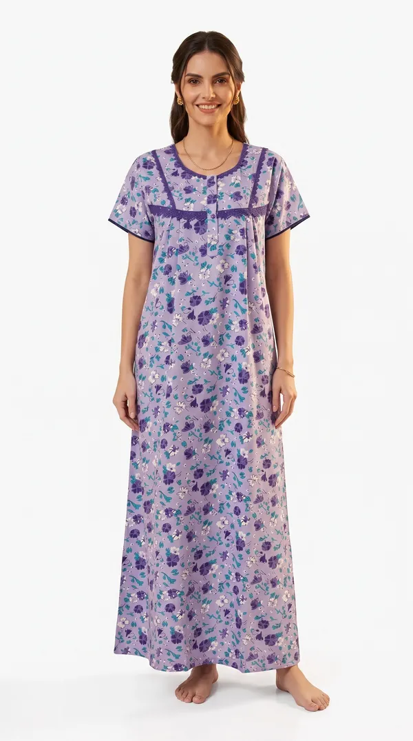 Evolove_Cotton_Maxi_Nighty_For_Women_With_Side_Pocket_|_Floral_Print_Round_Neck_Short_Sleeves_Full_Length_Night_Wear_Gown_Light_Purple