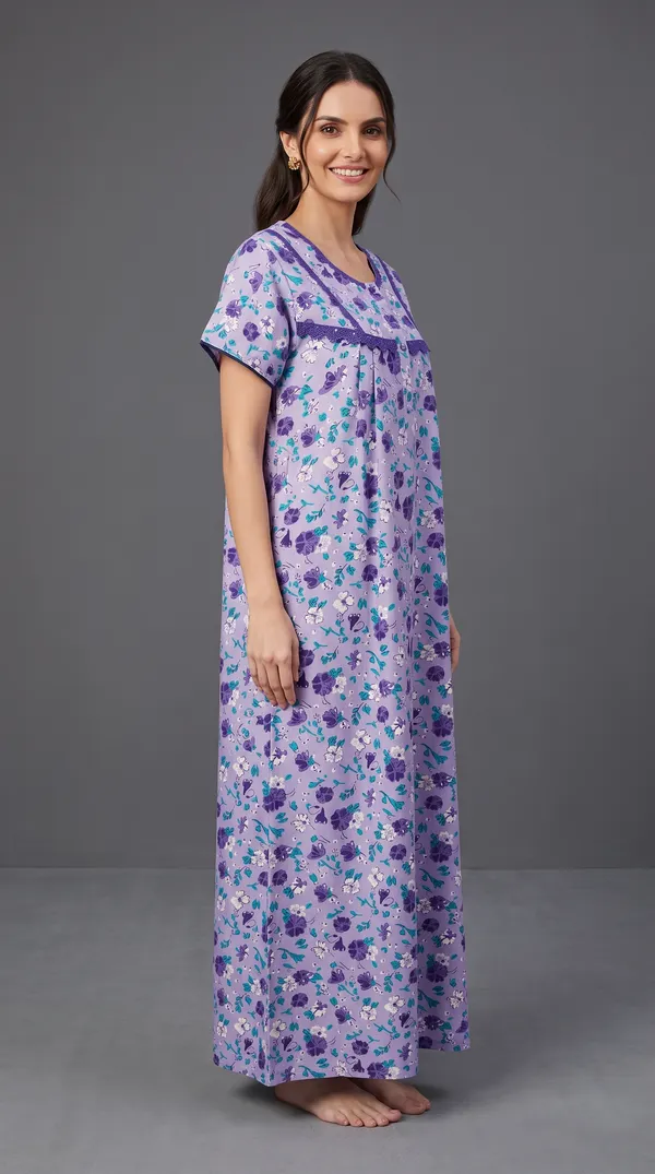 Evolove_Cotton_Maxi_Nighty_For_Women_With_Side_Pocket_|_Floral_Print_Round_Neck_Short_Sleeves_Full_Length_Night_Wear_Gown_Light_Purple
