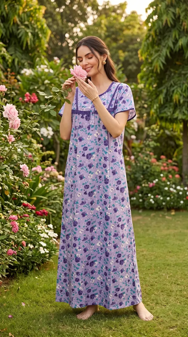 Evolove_Cotton_Maxi_Nighty_For_Women_With_Side_Pocket_|_Floral_Print_Round_Neck_Short_Sleeves_Full_Length_Night_Wear_Gown_Light_Purple