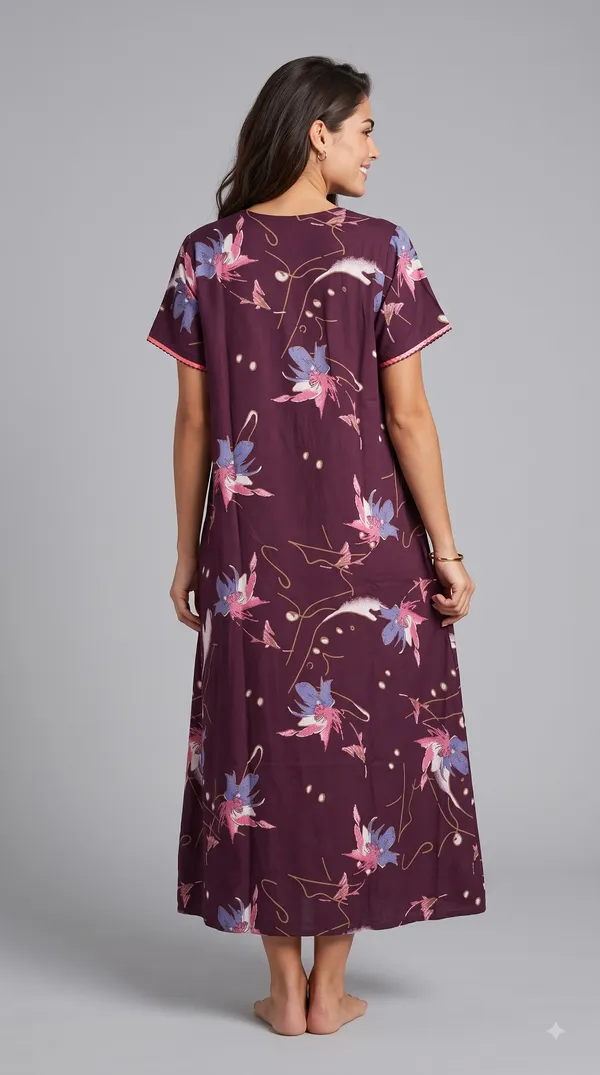 Women's_Burgundy_Alpine_Fabric_Long_Nighty_with_Floral_Print,_Arkhā_Zipper_&_Lace_Neckline_|_Full_Length_Ladies_Nightgown_|_Super_Soft_Fabric