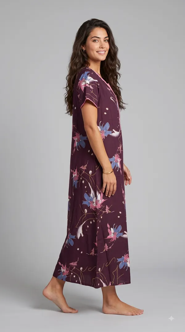 Women's_Burgundy_Alpine_Fabric_Long_Nighty_with_Floral_Print,_Arkhā_Zipper_&_Lace_Neckline_|_Full_Length_Ladies_Nightgown_|_Super_Soft_Fabric