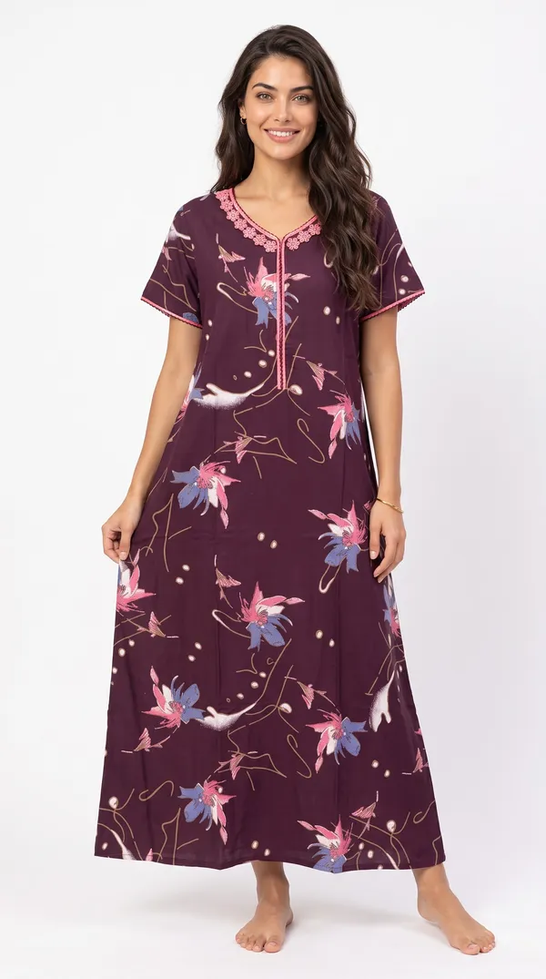 Women's_Burgundy_Alpine_Fabric_Long_Nighty_with_Floral_Print,_Arkhā_Zipper_&_Lace_Neckline_|_Full_Length_Ladies_Nightgown_|_Super_Soft_Fabric