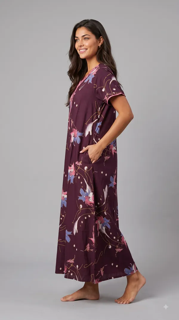 Women's_Burgundy_Alpine_Fabric_Long_Nighty_with_Floral_Print,_Arkhā_Zipper_&_Lace_Neckline_|_Full_Length_Ladies_Nightgown_|_Super_Soft_Fabric