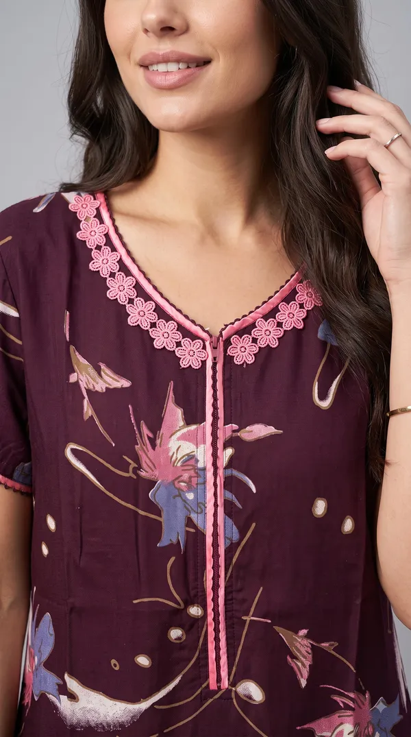 Women's_Burgundy_Alpine_Fabric_Long_Nighty_with_Floral_Print,_Arkhā_Zipper_&_Lace_Neckline_|_Full_Length_Ladies_Nightgown_|_Super_Soft_Fabric