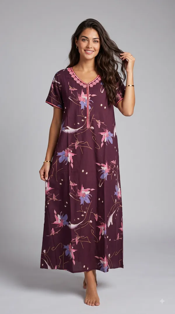 Women's_Burgundy_Alpine_Fabric_Long_Nighty_with_Floral_Print,_Arkhā_Zipper_&_Lace_Neckline_|_Full_Length_Ladies_Nightgown_|_Super_Soft_Fabric