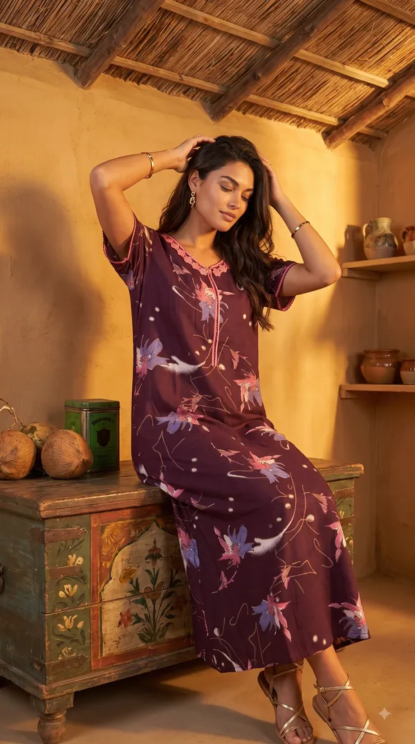 Women's_Burgundy_Alpine_Fabric_Long_Nighty_with_Floral_Print,_Arkhā_Zipper_&_Lace_Neckline_|_Full_Length_Ladies_Nightgown_|_Super_Soft_Fabric