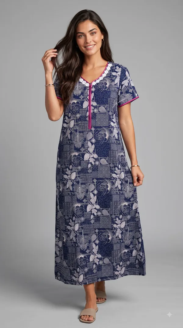 Women's_Navy_Alpine_Fabric_Long_Nighty_with_Floral_Print,_Arkhā_Zipper_&_Lace_Neckline_|_Full_Length_Ladies_Nightgown_|_Super_Soft_Fabric