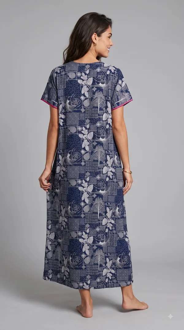 Women's_Navy_Alpine_Fabric_Long_Nighty_with_Floral_Print,_Arkhā_Zipper_&_Lace_Neckline_|_Full_Length_Ladies_Nightgown_|_Super_Soft_Fabric