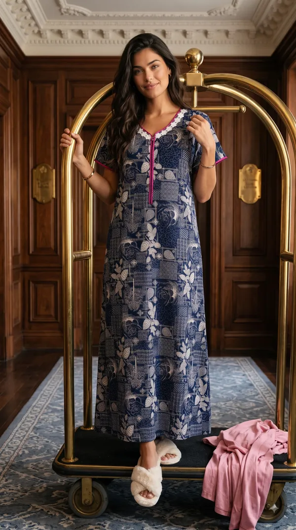 Women's_Navy_Alpine_Fabric_Long_Nighty_with_Floral_Print,_Arkhā_Zipper_&_Lace_Neckline_|_Full_Length_Ladies_Nightgown_|_Super_Soft_Fabric