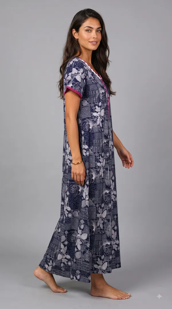 Women's_Navy_Alpine_Fabric_Long_Nighty_with_Floral_Print,_Arkhā_Zipper_&_Lace_Neckline_|_Full_Length_Ladies_Nightgown_|_Super_Soft_Fabric