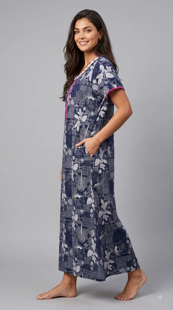 Women's_Navy_Alpine_Fabric_Long_Nighty_with_Floral_Print,_Arkhā_Zipper_&_Lace_Neckline_|_Full_Length_Ladies_Nightgown_|_Super_Soft_Fabric
