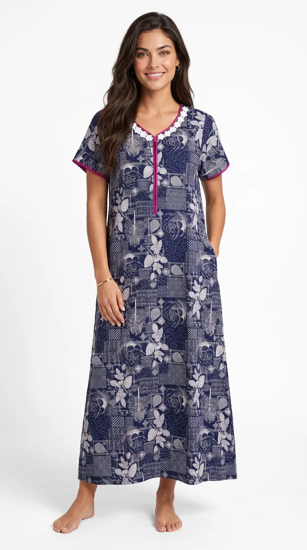 Women's_Navy_Alpine_Fabric_Long_Nighty_with_Floral_Print,_Arkhā_Zipper_&_Lace_Neckline_|_Full_Length_Ladies_Nightgown_|_Super_Soft_Fabric