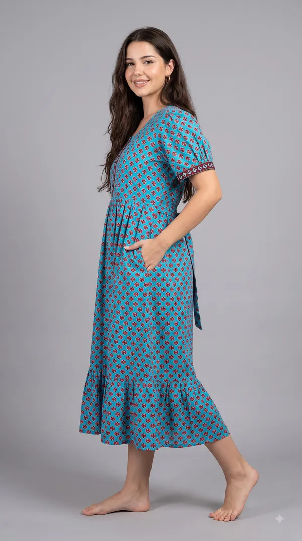 Women's_Navy_Blue_100%_Cotton_Printed_Short_Nighty_with_Button-Down_Placket,_Short_Sleeves_&_Tiered_Flared_Hem_|_Floral_Print_Nightgown