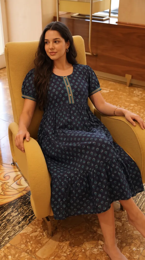 Women's_Navy_Blue_100%_Cotton_Printed_Short_Nighty_with_Button-Down_Placket,_Short_Sleeves_&_Tiered_Flared_Hem_|_Floral_Print_Nightgown
