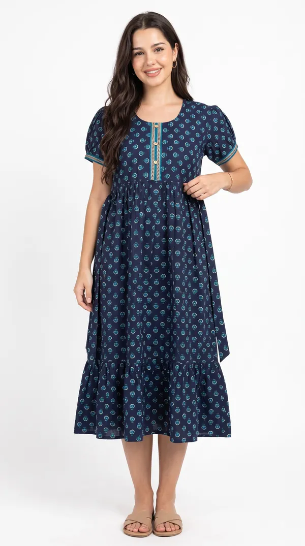 Women's_Navy_Blue_100%_Cotton_Printed_Short_Nighty_with_Button-Down_Placket,_Short_Sleeves_&_Tiered_Flared_Hem_|_Floral_Print_Nightgown