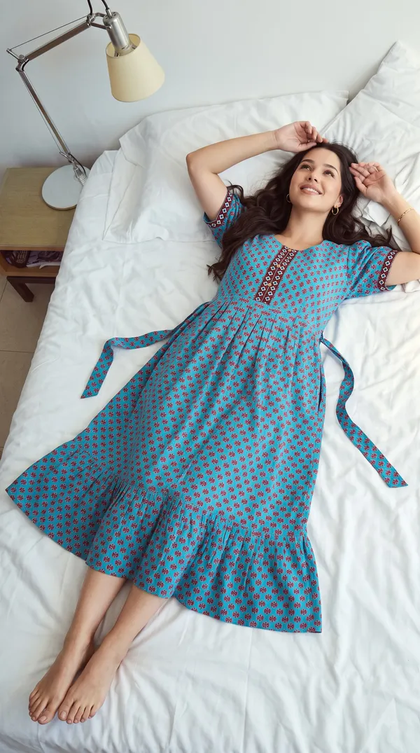 Women's_Navy_Blue_100%_Cotton_Printed_Short_Nighty_with_Button-Down_Placket,_Short_Sleeves_&_Tiered_Flared_Hem_|_Floral_Print_Nightgown