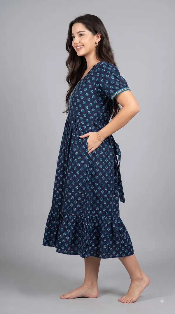 Women's_Navy_Blue_100%_Cotton_Printed_Short_Nighty_with_Button-Down_Placket,_Short_Sleeves_&_Tiered_Flared_Hem_|_Floral_Print_Nightgown