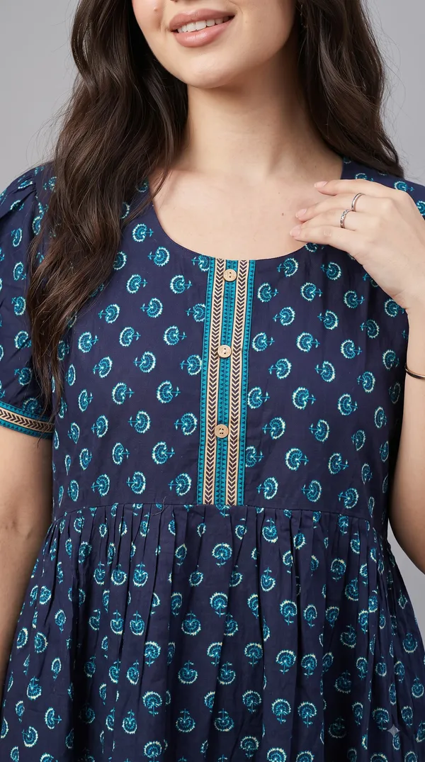 Women's_Navy_Blue_100%_Cotton_Printed_Short_Nighty_with_Button-Down_Placket,_Short_Sleeves_&_Tiered_Flared_Hem_|_Floral_Print_Nightgown
