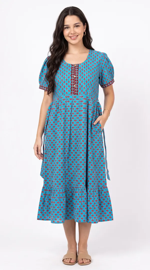 Women's_Navy_Blue_100%_Cotton_Printed_Short_Nighty_with_Button-Down_Placket,_Short_Sleeves_&_Tiered_Flared_Hem_|_Floral_Print_Nightgown