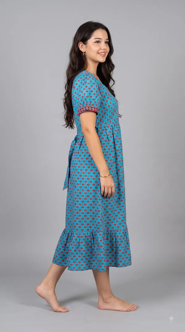 Women's_Navy_Blue_100%_Cotton_Printed_Short_Nighty_with_Button-Down_Placket,_Short_Sleeves_&_Tiered_Flared_Hem_|_Floral_Print_Nightgown