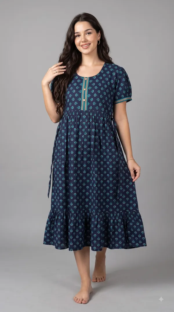 Women's_Navy_Blue_100%_Cotton_Printed_Short_Nighty_with_Button-Down_Placket,_Short_Sleeves_&_Tiered_Flared_Hem_|_Floral_Print_Nightgown