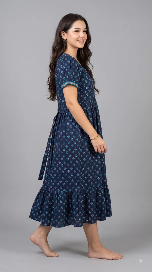 Women's_Navy_Blue_100%_Cotton_Printed_Short_Nighty_with_Button-Down_Placket,_Short_Sleeves_&_Tiered_Flared_Hem_|_Floral_Print_Nightgown