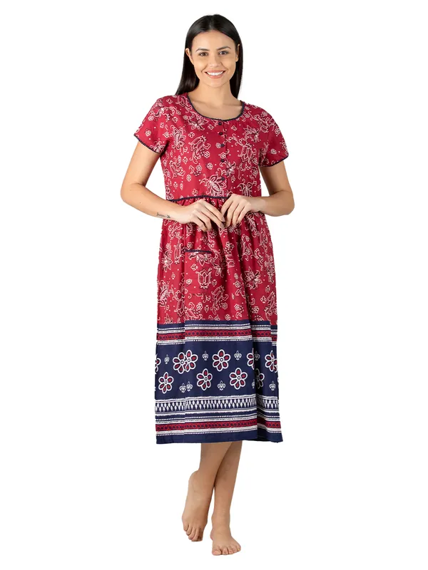 Women's_Navy_Floral_Printed_100%_Cotton_Short_Nighty_with_Half_Sleeves,_Round_Neck_&_Navy_Blue_Border_|_Short_Nightgown_|_Pom_Pom_lace_with_Placket_Button_Down_Style