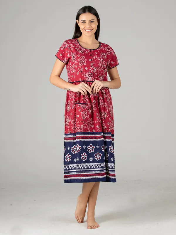 Women's_Navy_Floral_Printed_100%_Cotton_Short_Nighty_with_Half_Sleeves,_Round_Neck_&_Navy_Blue_Border_|_Short_Nightgown_|_Pom_Pom_lace_with_Placket_Button_Down_Style