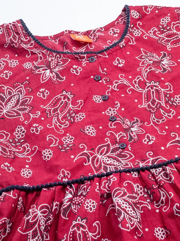 Women's_Navy_Floral_Printed_100%_Cotton_Short_Nighty_with_Half_Sleeves,_Round_Neck_&_Navy_Blue_Border_|_Short_Nightgown_|_Pom_Pom_lace_with_Placket_Button_Down_Style